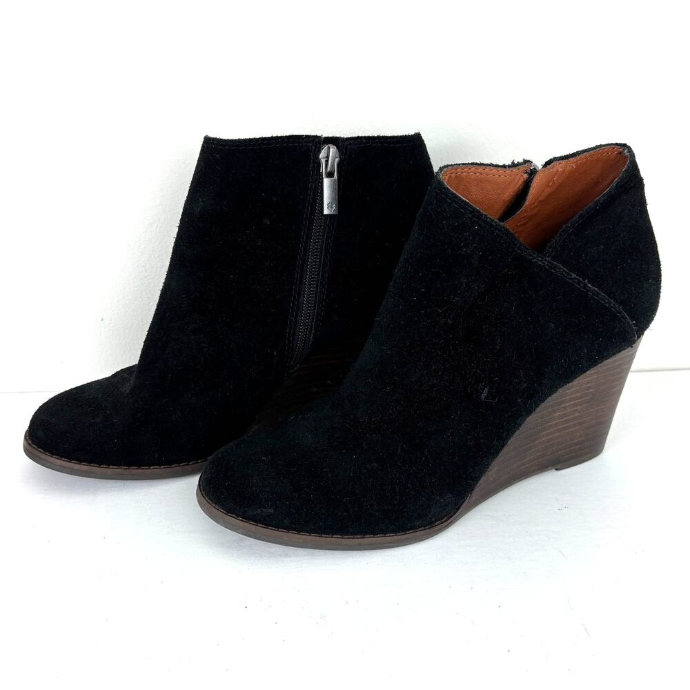 Lucky Brand Black Suede Wedge Heel Ankle Booties LP-Yakeena US 8.5/ EU 39